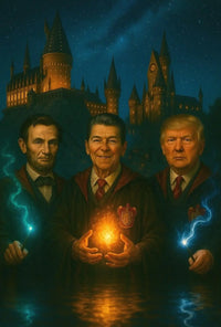 Lincoln Reagan Trump Parody Enchanted Hogwarts Adventure Poster PosterGoat