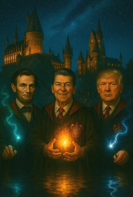 Lincoln Reagan Trump Parody Enchanted Hogwarts Adventure Poster PosterGoat