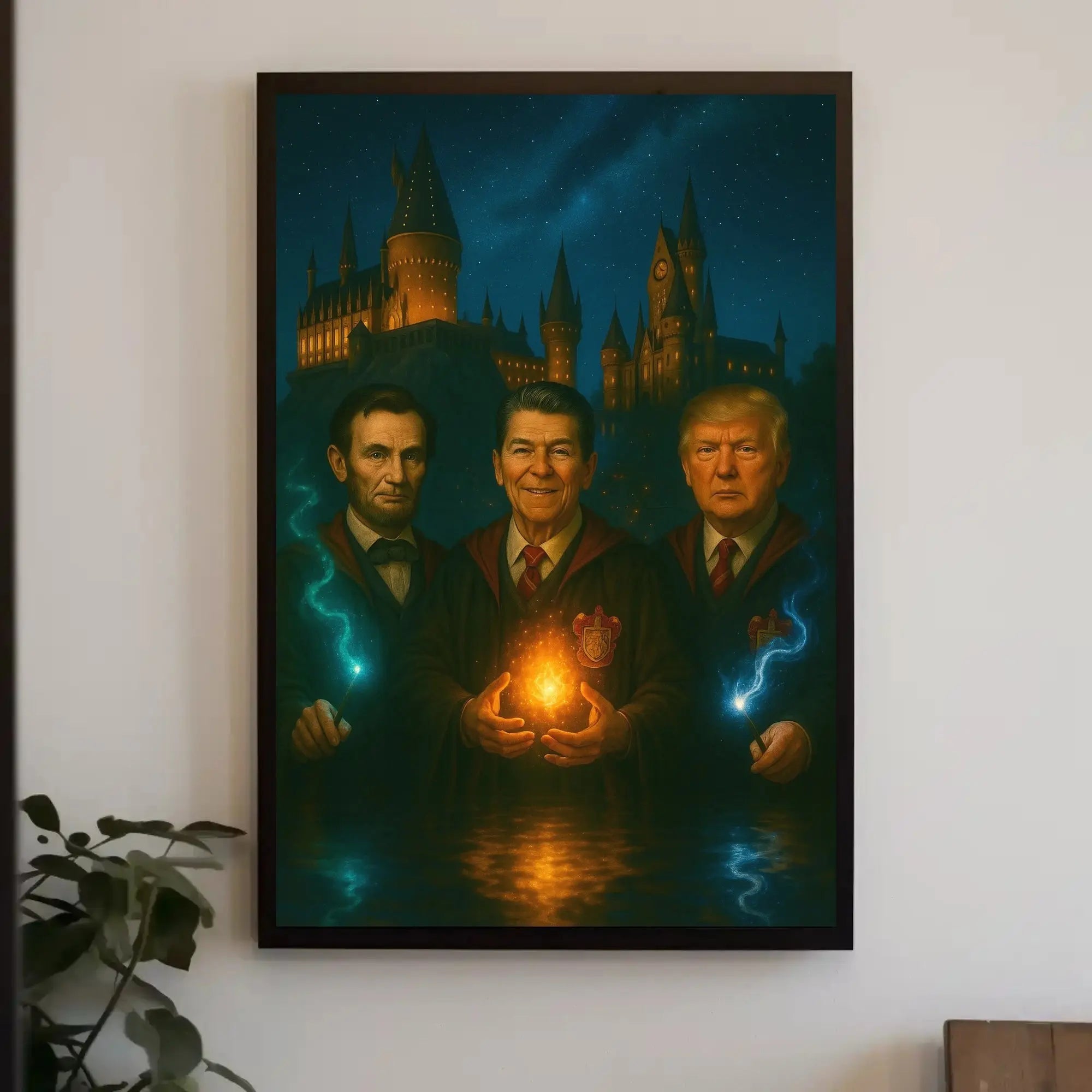 Lincoln Reagan Trump Parody Enchanted Hogwarts Adventure Poster PosterGoat