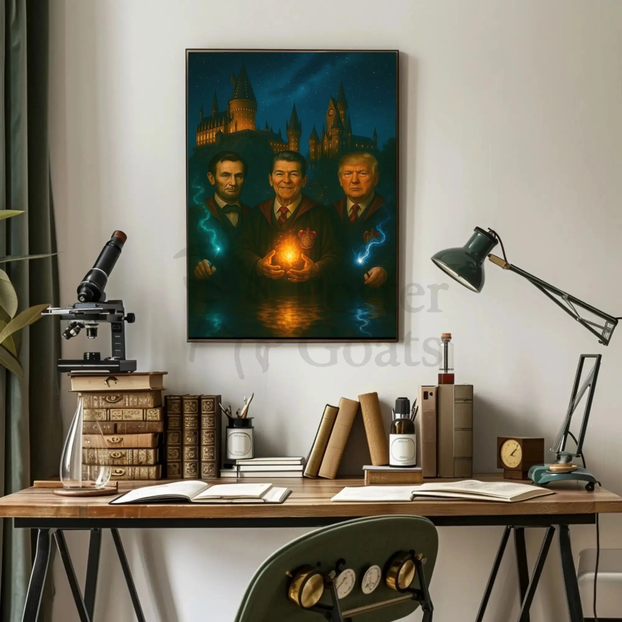 Lincoln Reagan Trump Parody Enchanted Hogwarts Adventure Poster PosterGoat