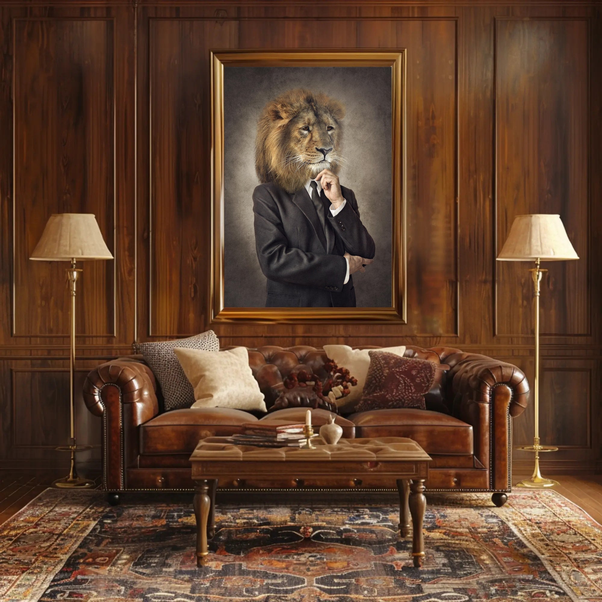 Lion-Headed Figure in Suit: Artistic Poster PosterGoat