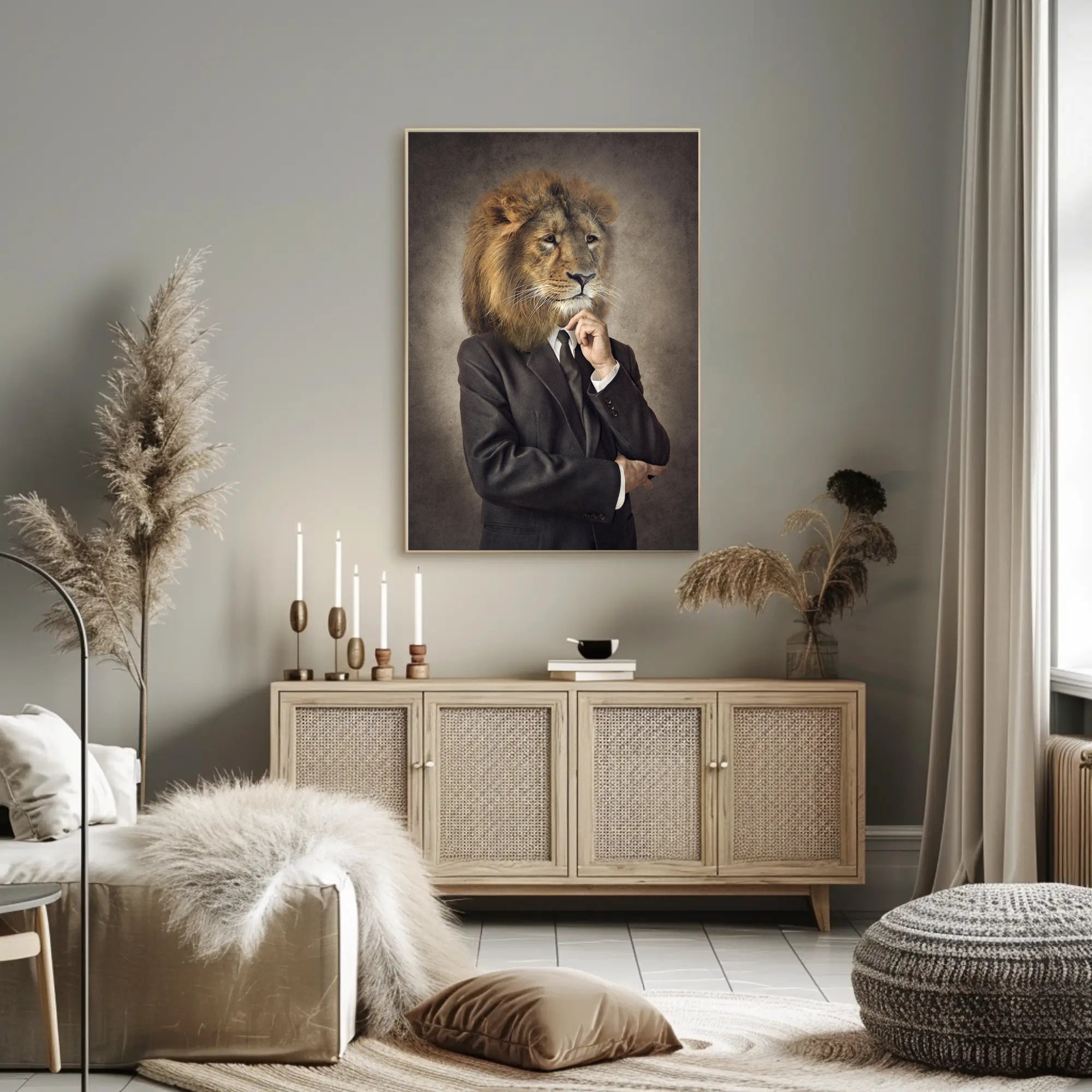 Lion-Headed Figure in Suit: Artistic Poster PosterGoat