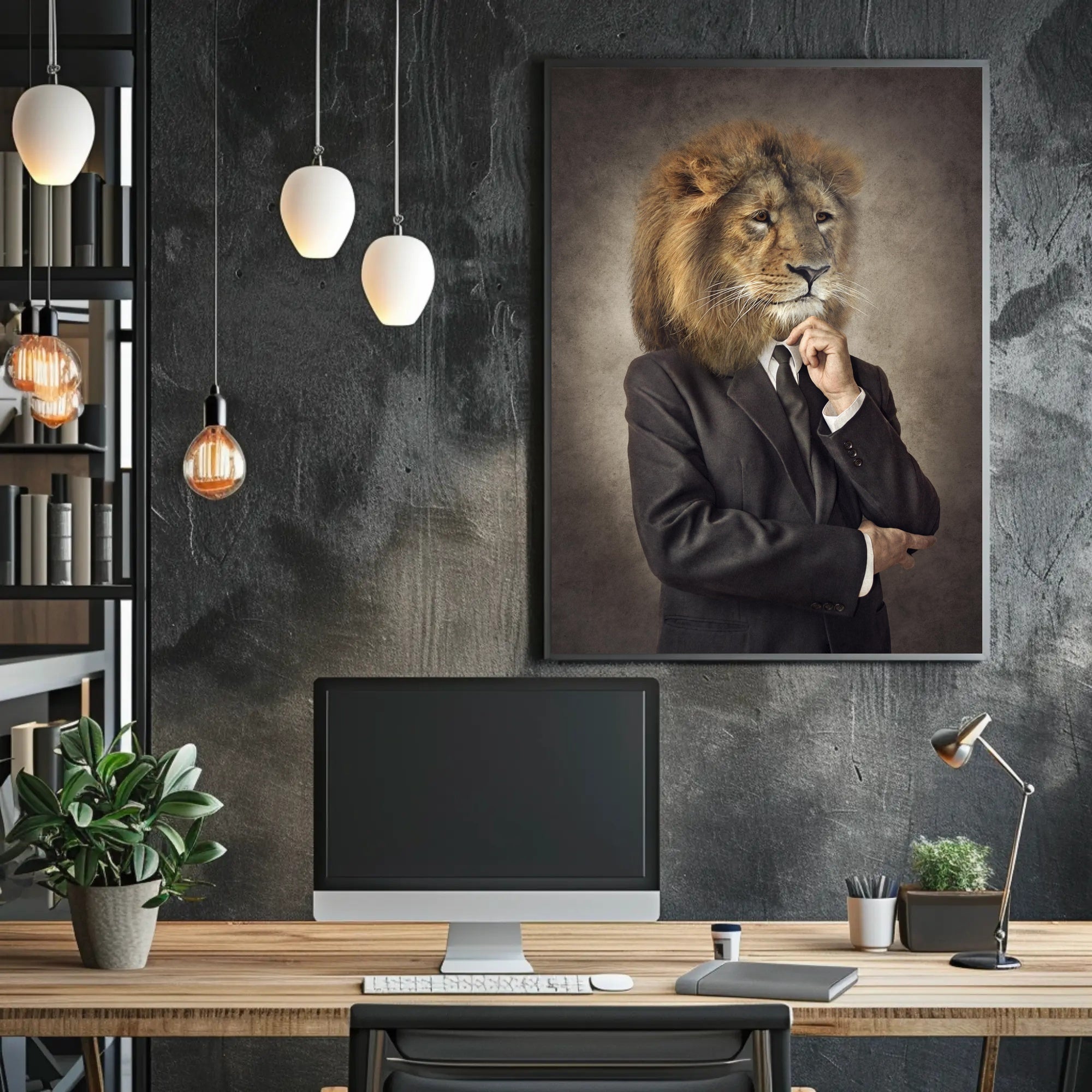 Lion-Headed Figure in Suit: Artistic Poster PosterGoat