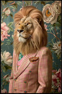 Lion in Vintage Plaid Suit: Abstract or Artistic Poster PosterGoat