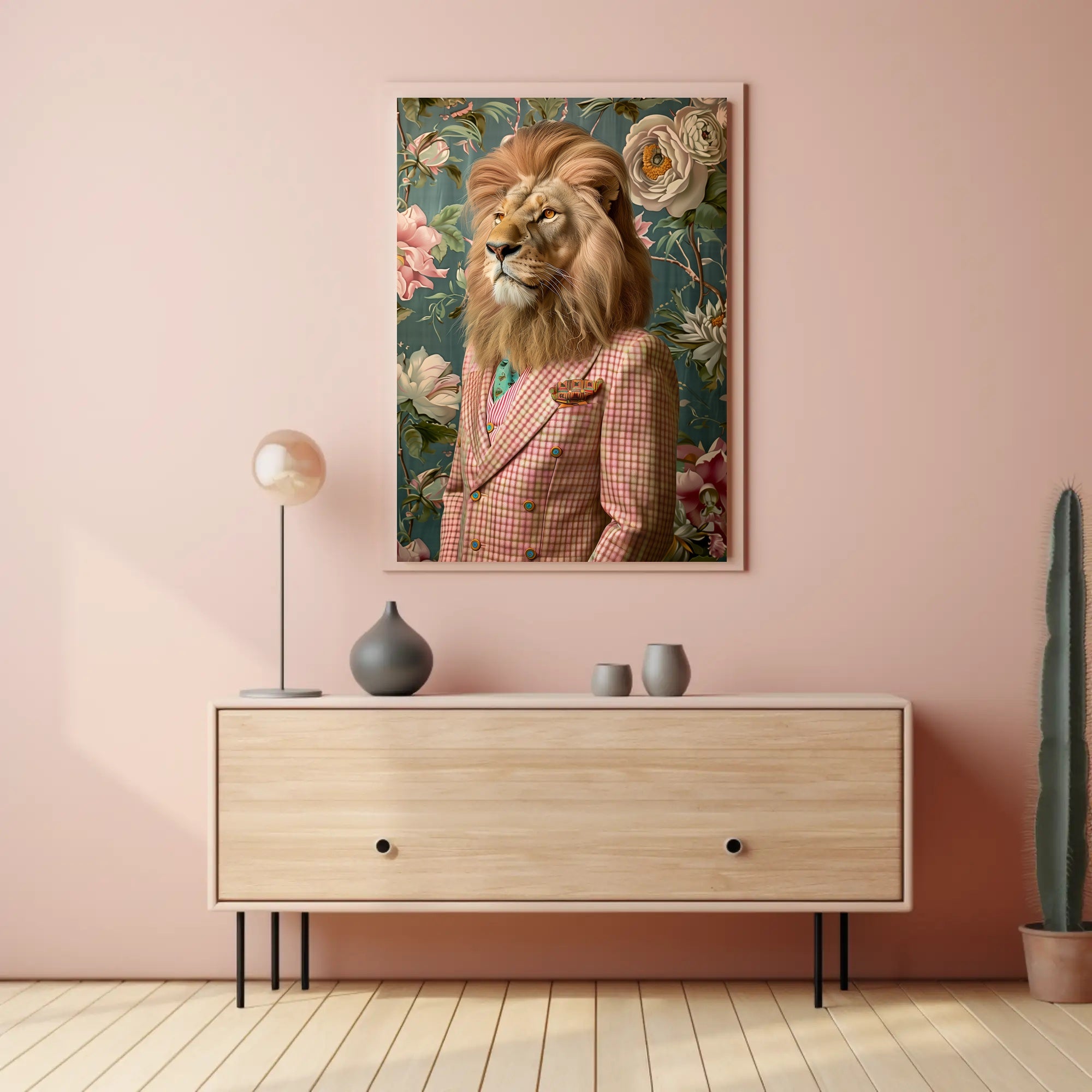 Lion in Vintage Plaid Suit: Abstract or Artistic Poster PosterGoat