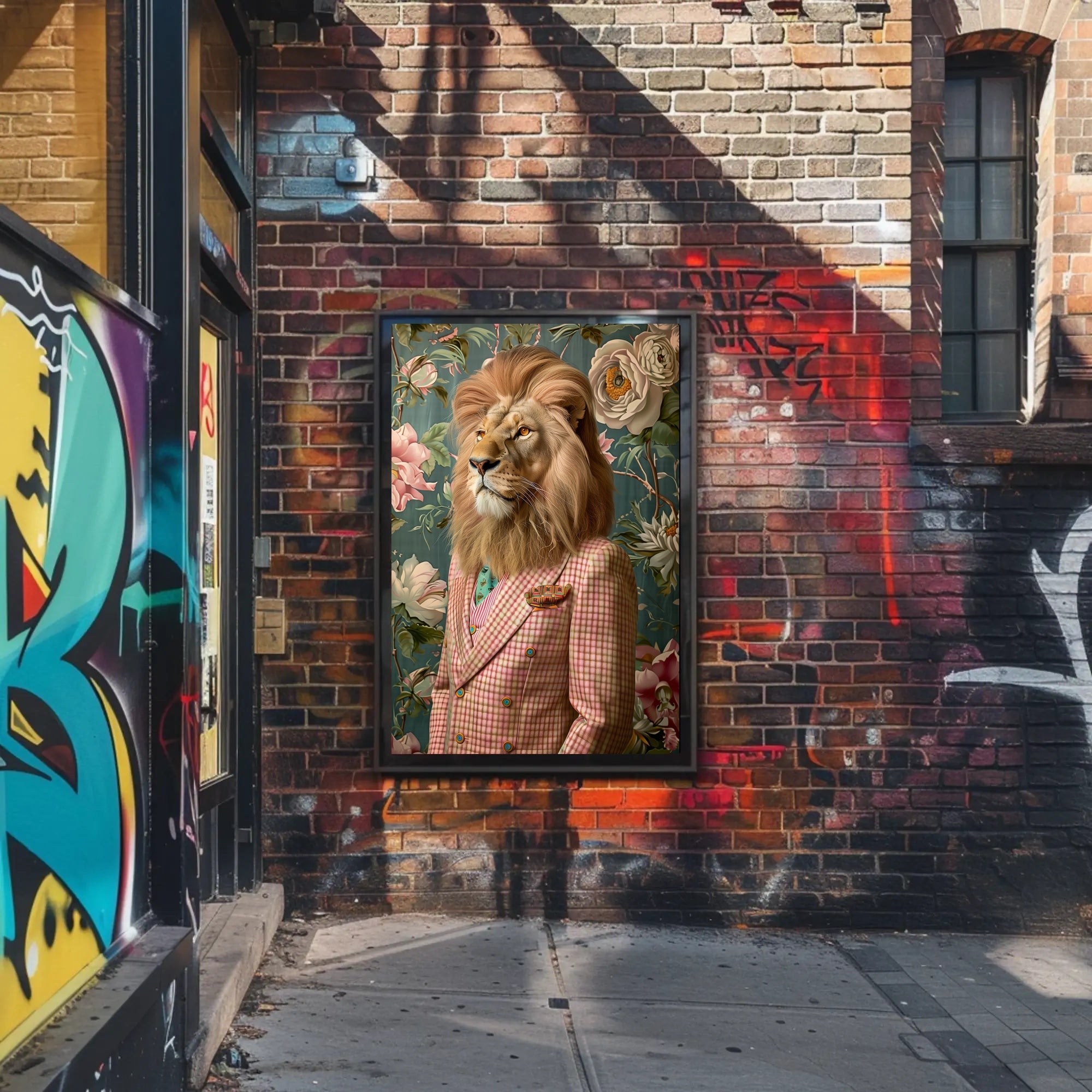 Lion in Vintage Plaid Suit: Abstract or Artistic Poster PosterGoat