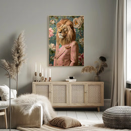 Lion in Vintage Plaid Suit: Abstract or Artistic Poster PosterGoat