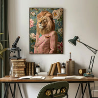 Lion in Vintage Plaid Suit: Abstract or Artistic Poster PosterGoat