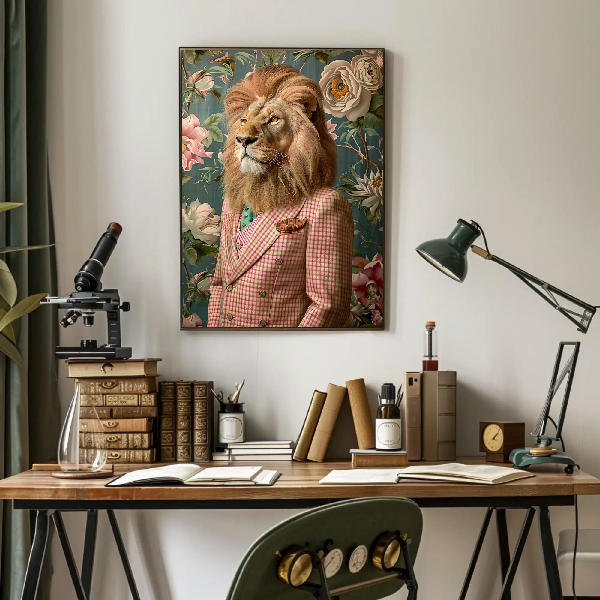 Lion in Vintage Plaid Suit: Abstract or Artistic Poster PosterGoat