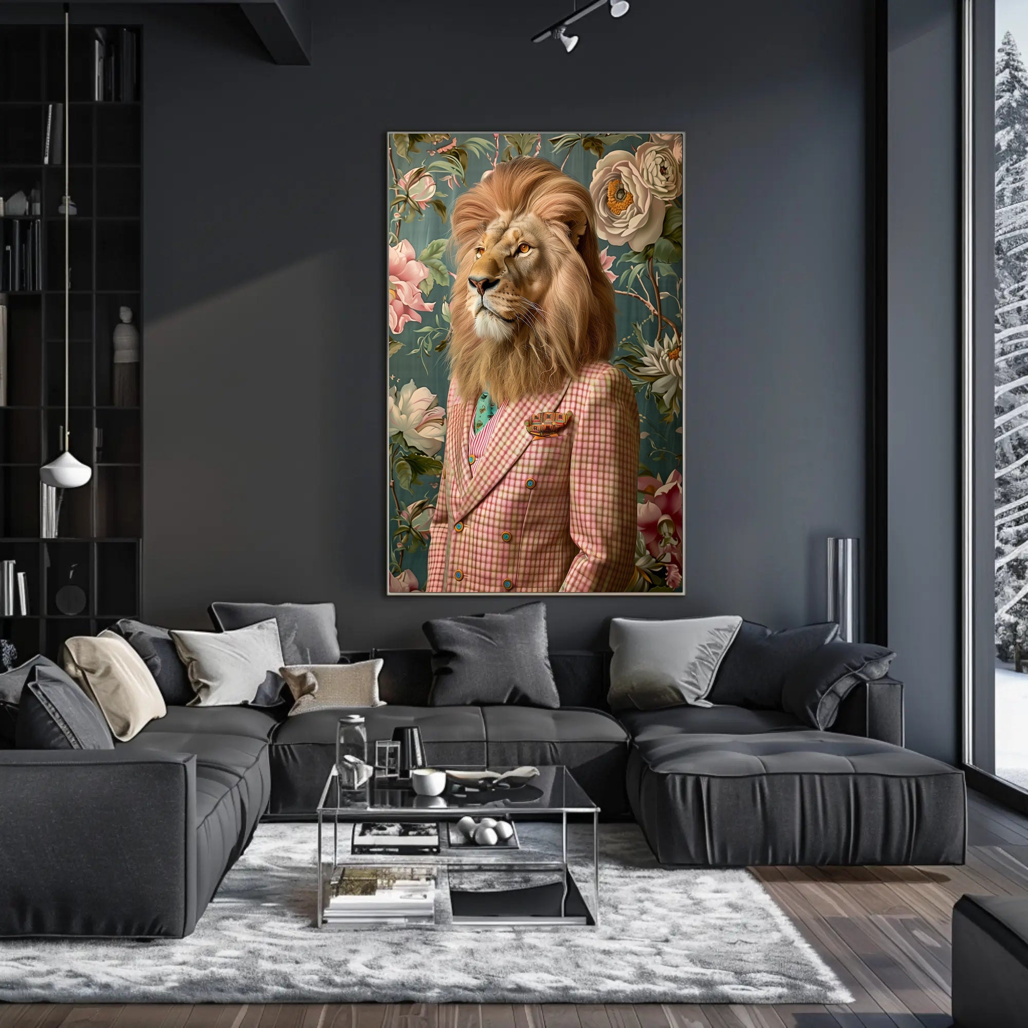 Lion in Vintage Plaid Suit: Abstract or Artistic Poster PosterGoat