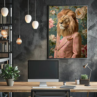 Lion in Vintage Plaid Suit: Abstract or Artistic Poster PosterGoat
