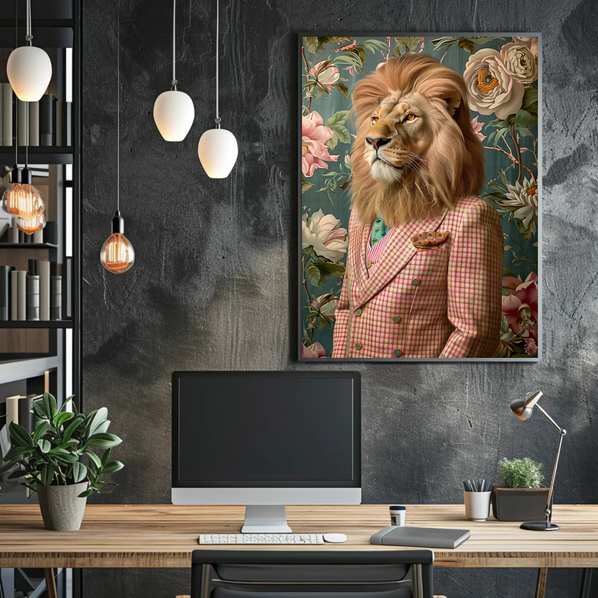 Lion in Vintage Plaid Suit: Abstract or Artistic Poster PosterGoat
