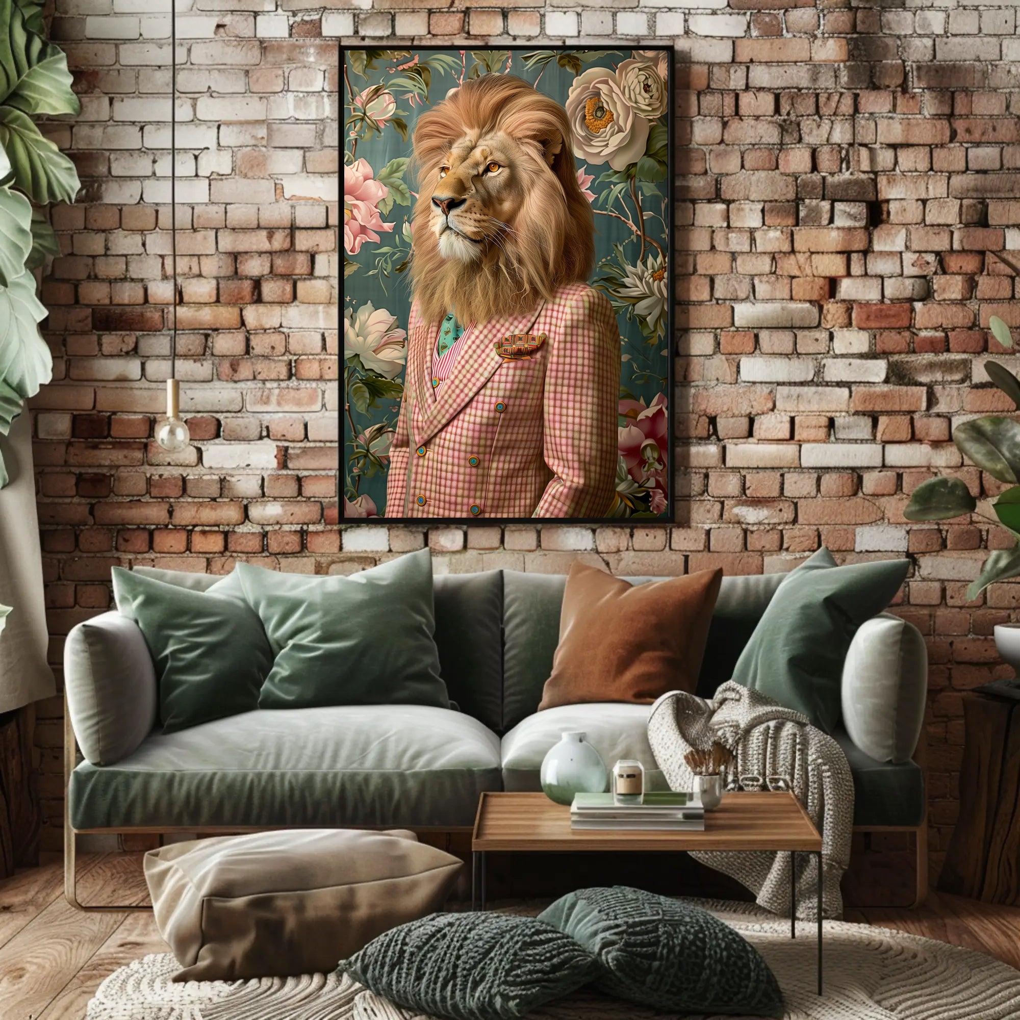 Lion in Vintage Plaid Suit: Abstract or Artistic Poster PosterGoat