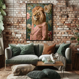 Lion in Vintage Plaid Suit: Abstract or Artistic Poster PosterGoat
