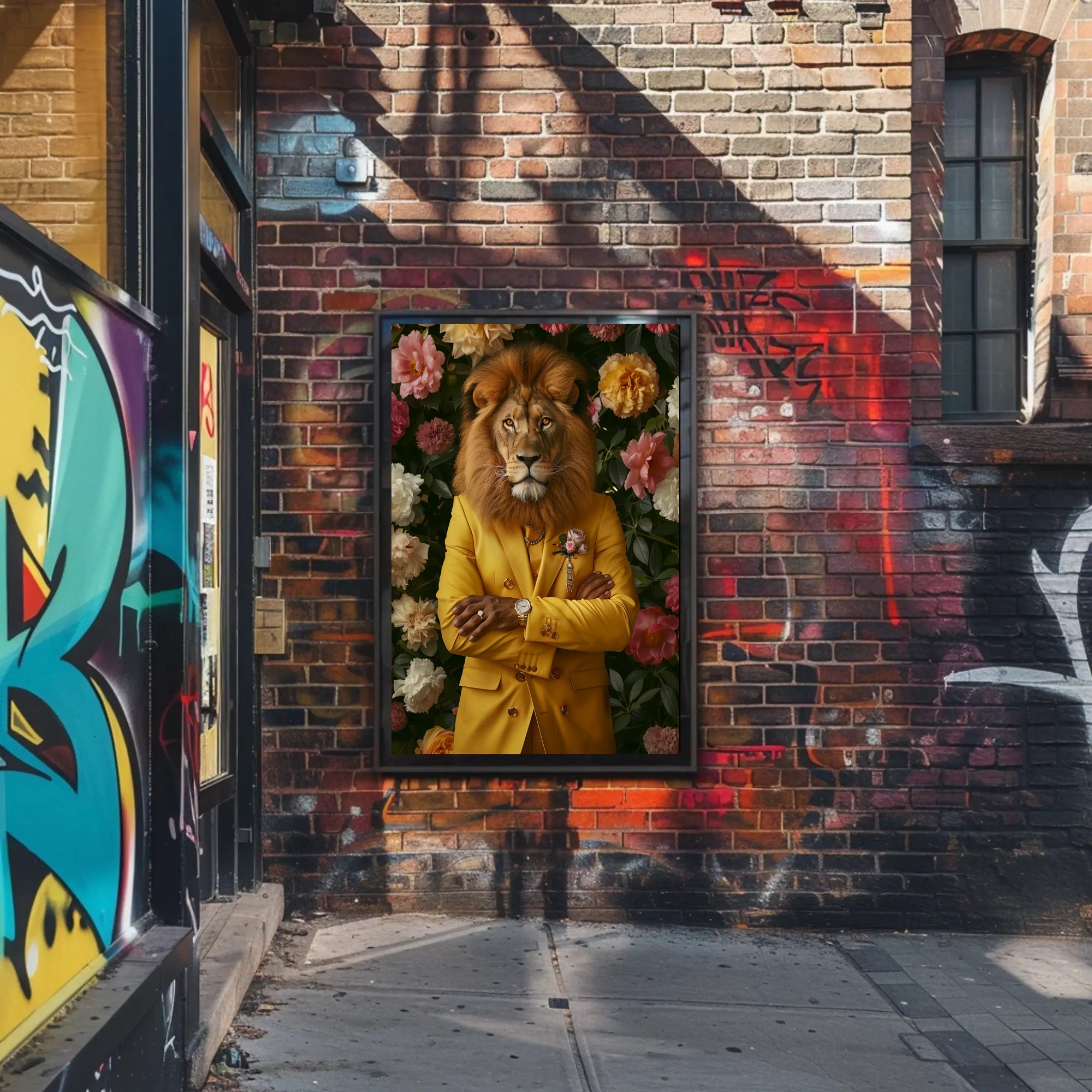 Lion in Yellow Suit: Whimsical Artistic Poster PosterGoat