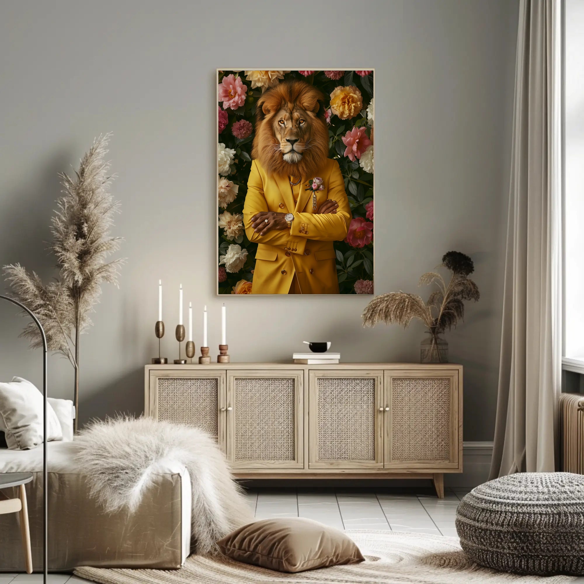 Lion in Yellow Suit: Whimsical Artistic Poster PosterGoat