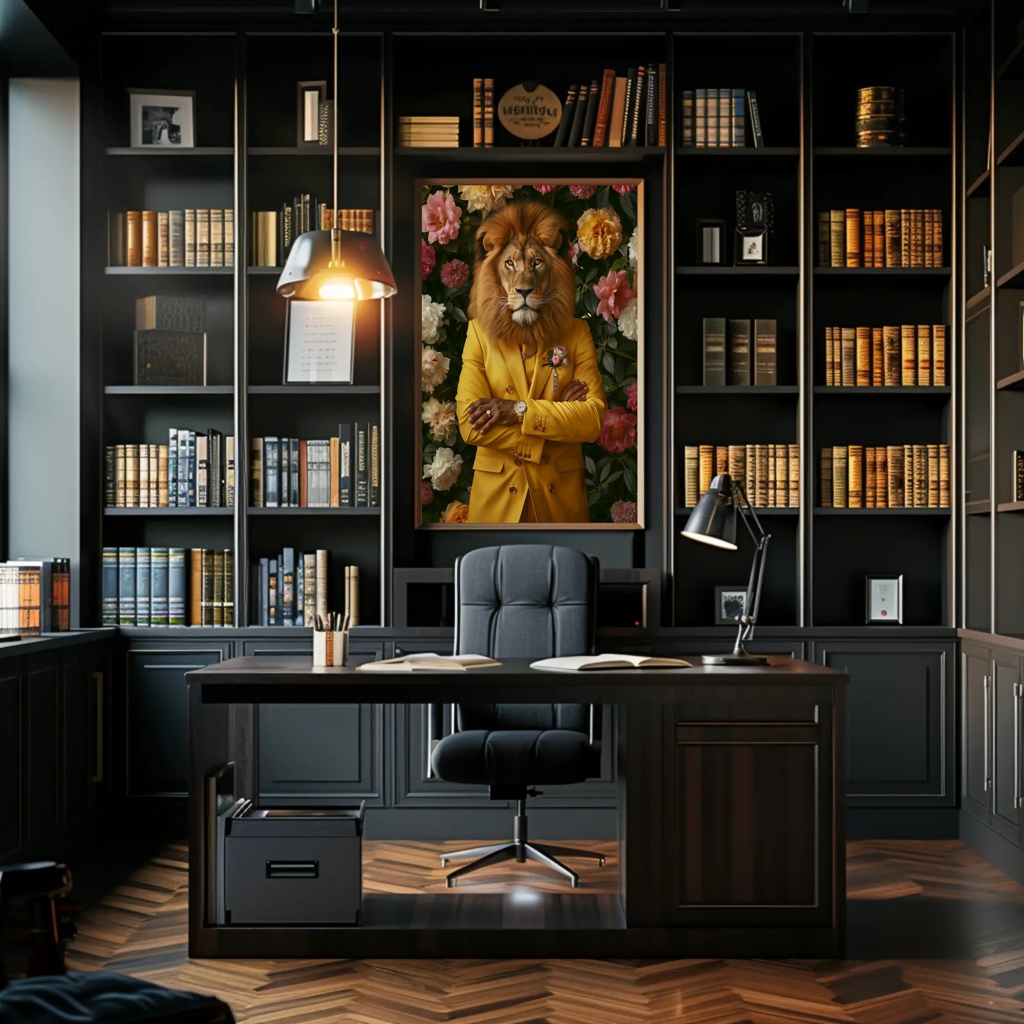 Lion in Yellow Suit: Whimsical Artistic Poster PosterGoat