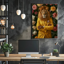 Lion in Yellow Suit: Whimsical Artistic Poster PosterGoat
