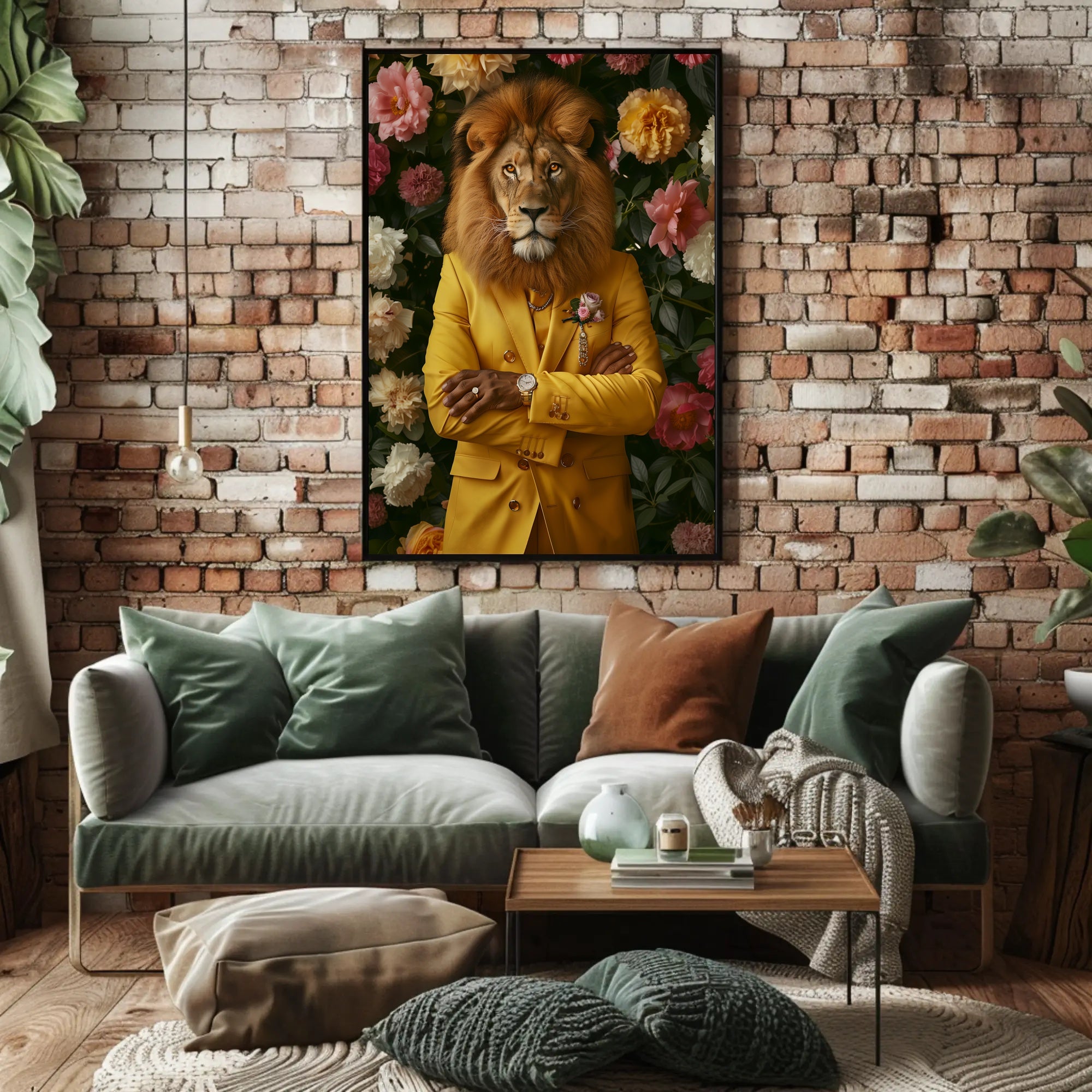 Lion in Yellow Suit: Whimsical Artistic Poster PosterGoat