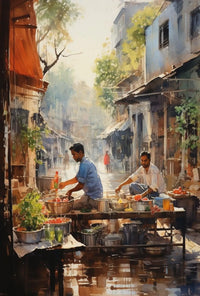 Lively Urban Market Scene Watercolor Cultural Poster PosterGoat