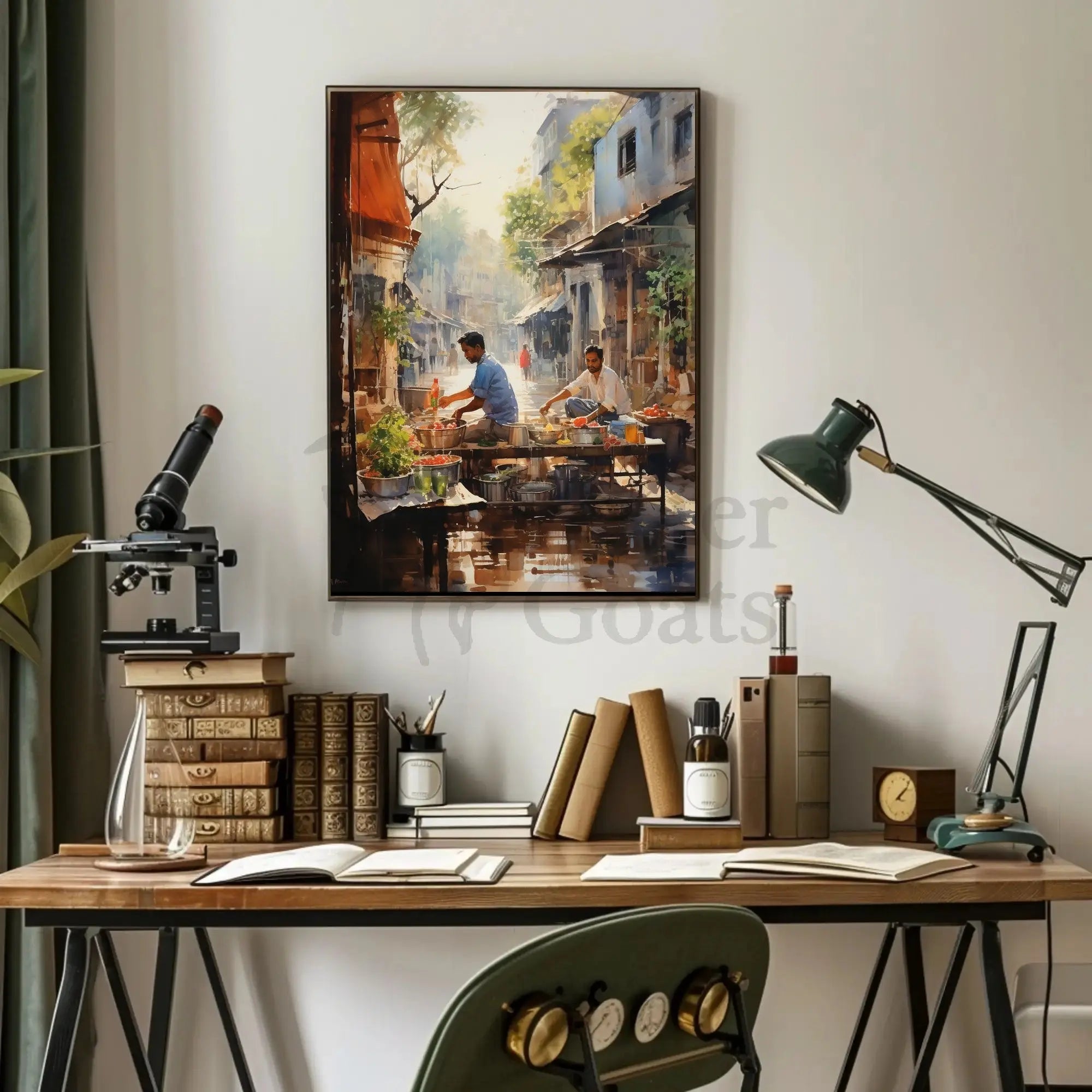 Lively Urban Market Scene Watercolor Cultural Poster PosterGoat