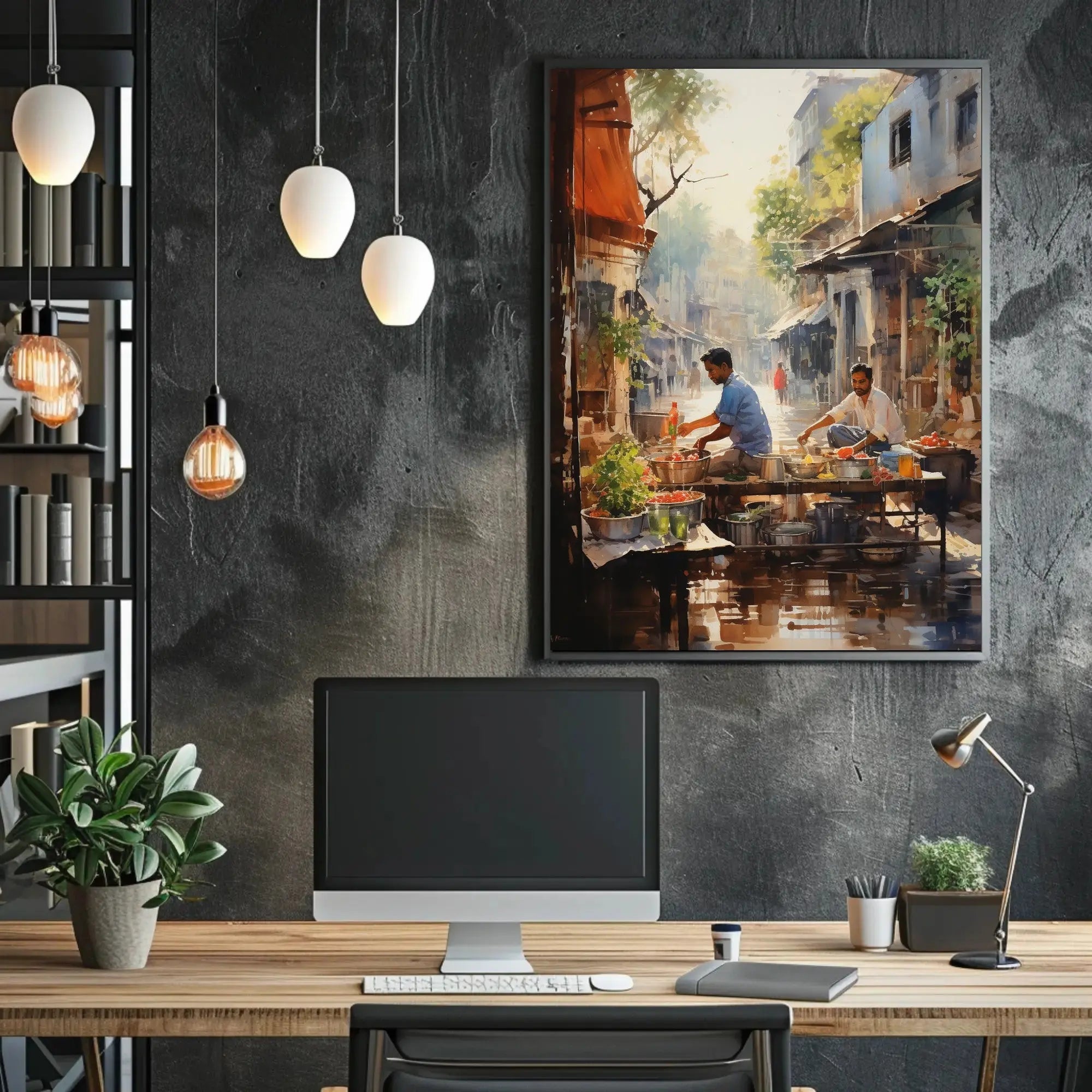 Lively Urban Market Scene Watercolor Cultural Poster PosterGoat