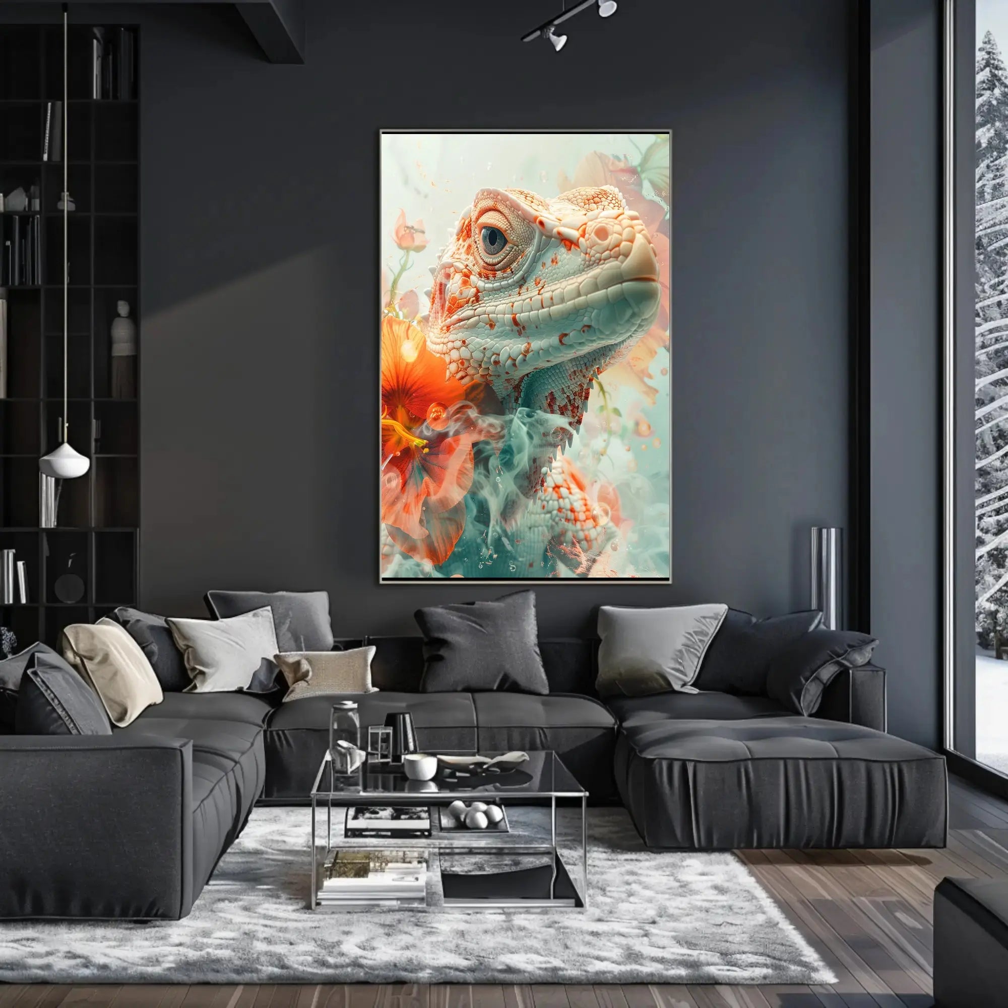 Lizard and Hibiscus Fantasy Artistic Animal Poster PosterGoat