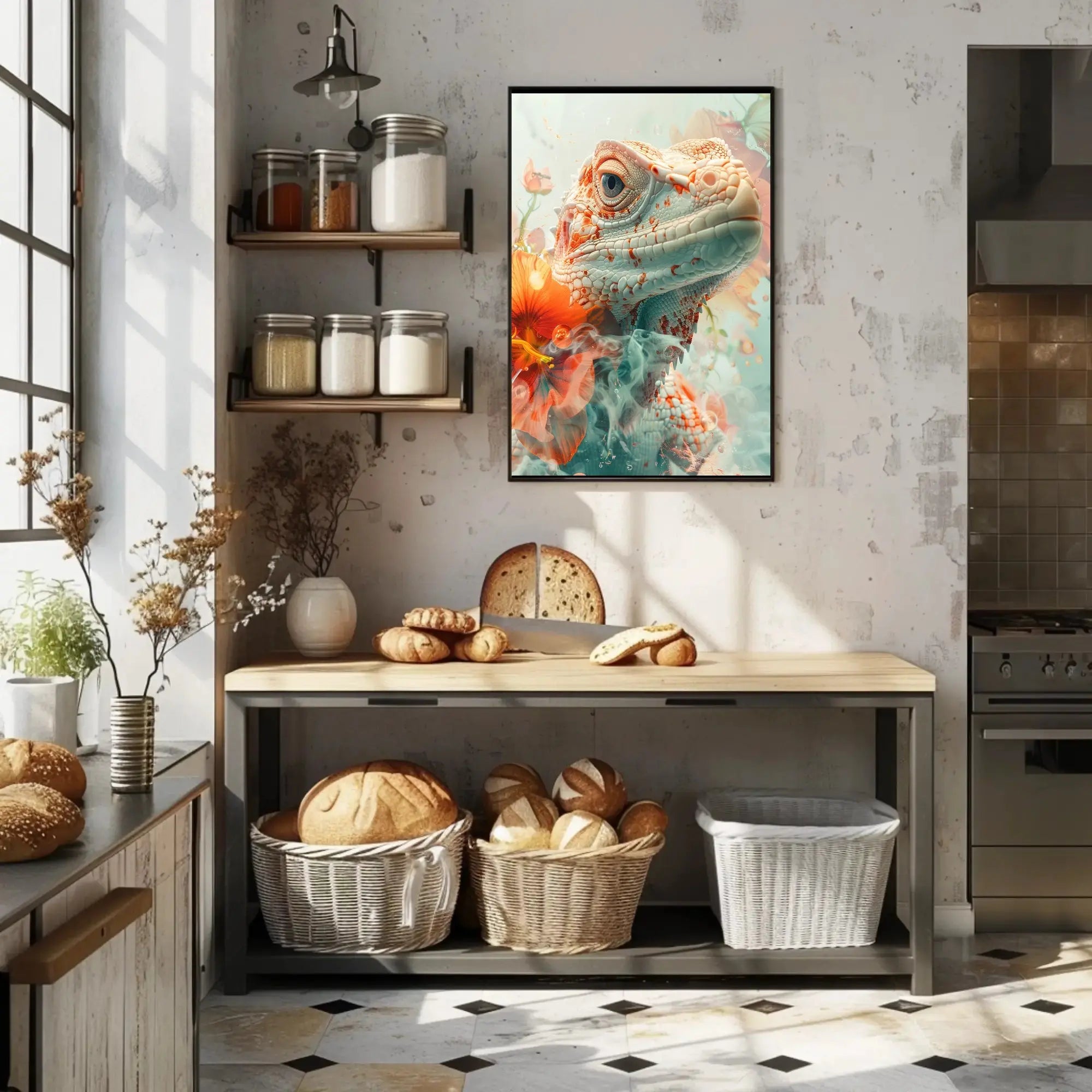 Lizard and Hibiscus Fantasy Artistic Animal Poster PosterGoat