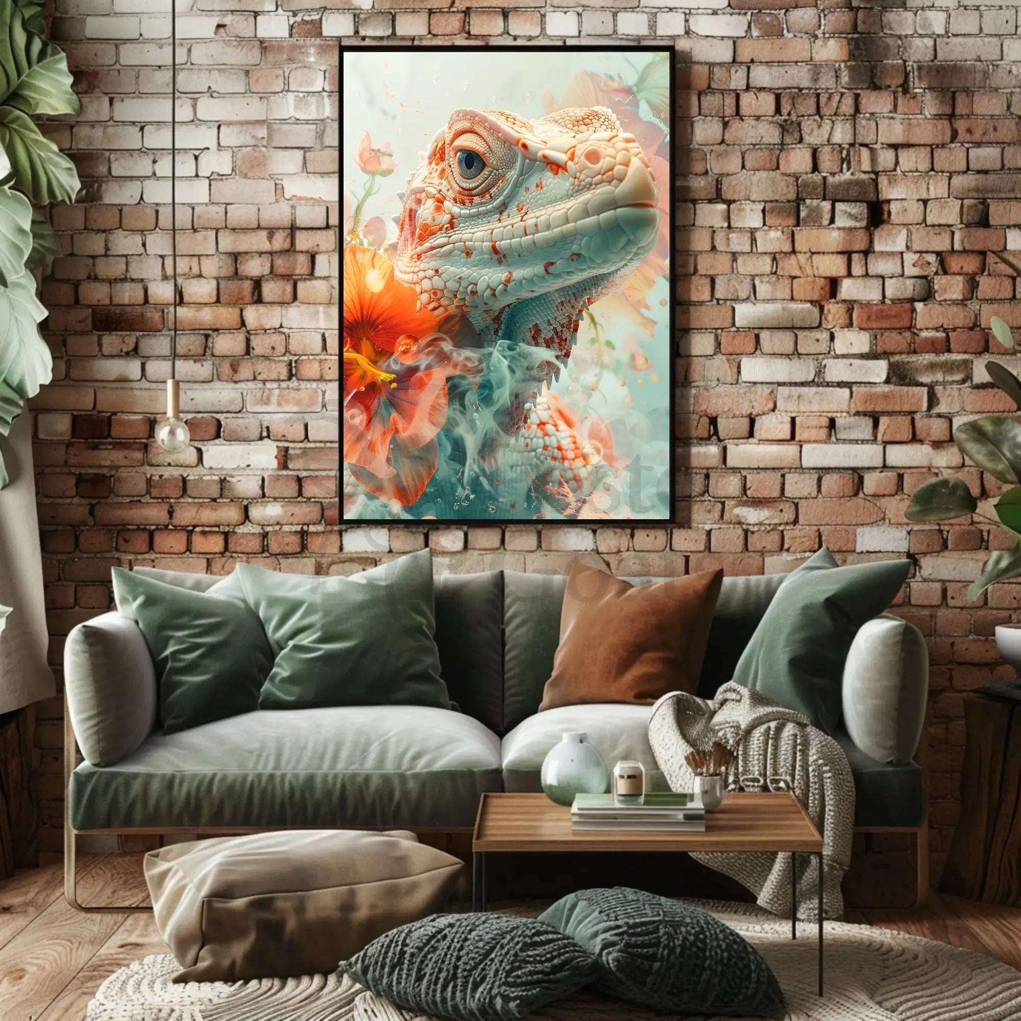 Lizard and Hibiscus Fantasy Artistic Animal Poster PosterGoat