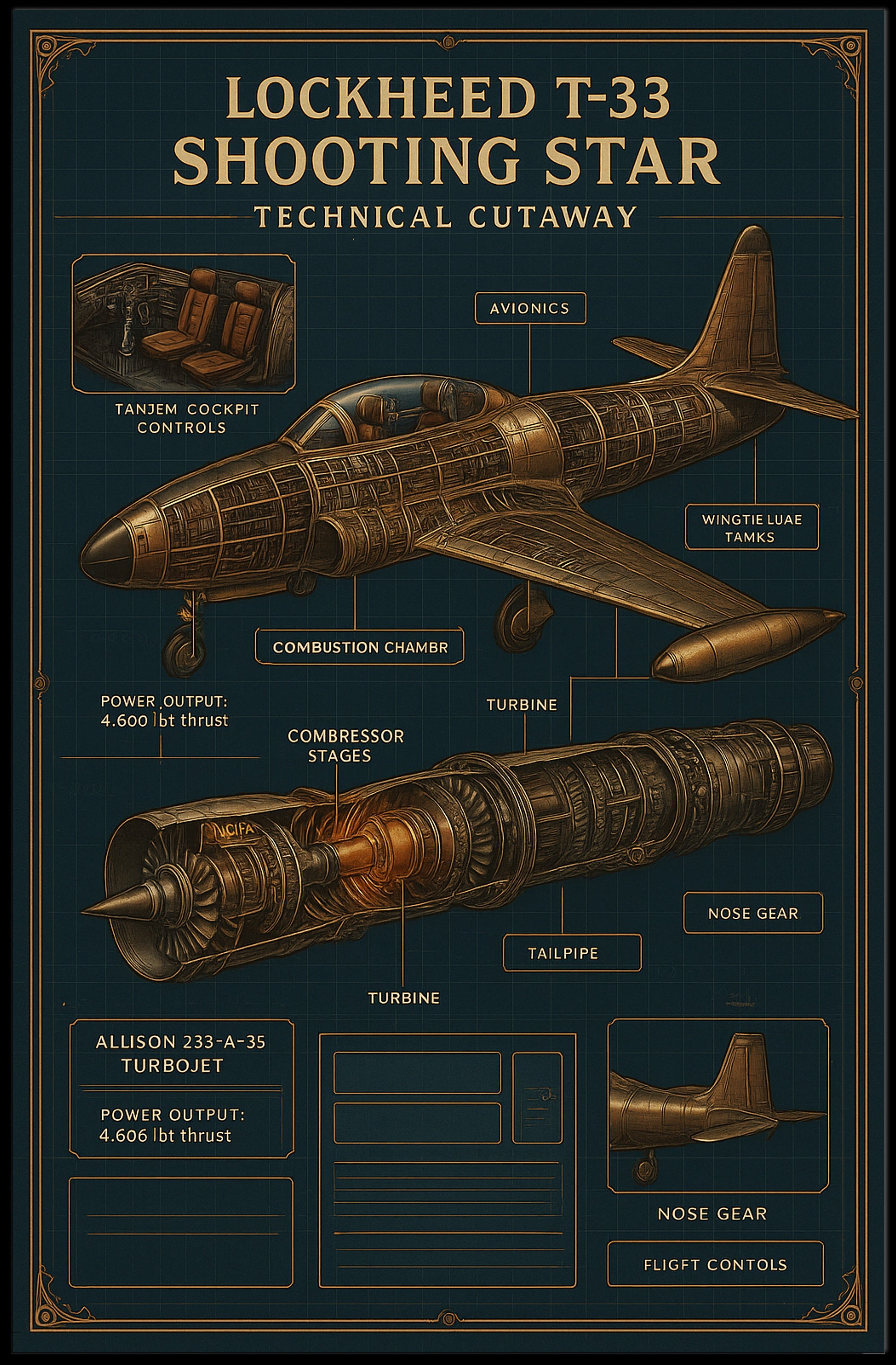 Lockheed T-33 Shooting Star Technical Poster PosterGoat