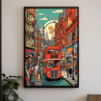London Double-Decker Streetscape Retro Art Travel Poster PosterGoat