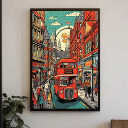 London Double-Decker Streetscape Retro Art Travel Poster PosterGoat