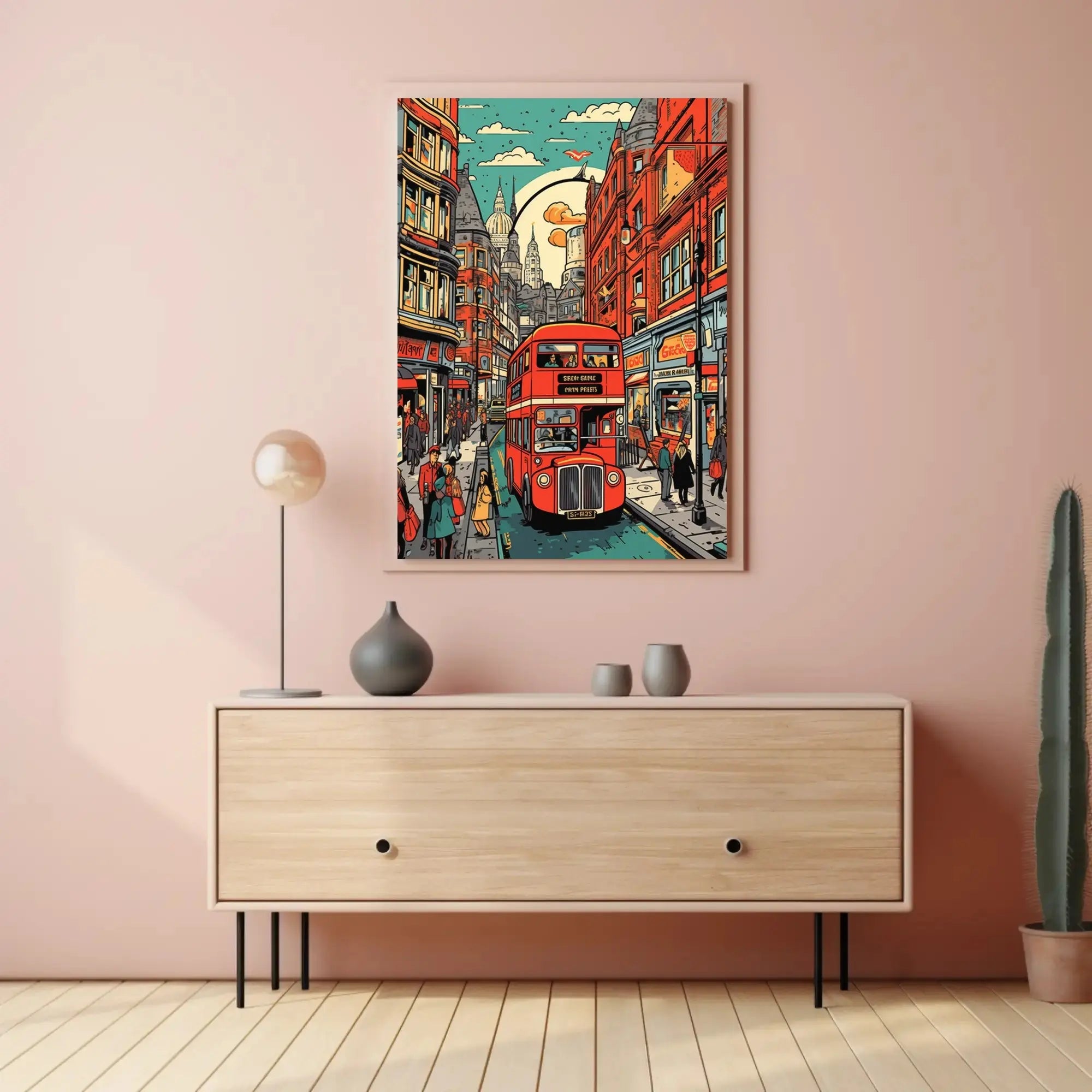 London Double-Decker Streetscape Retro Art Travel Poster PosterGoat