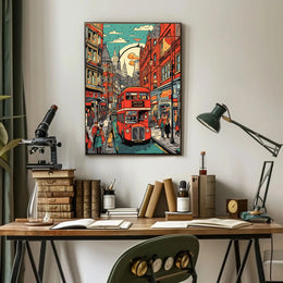 London Double-Decker Streetscape Retro Art Travel Poster PosterGoat