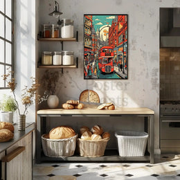 London Double-Decker Streetscape Retro Art Travel Poster PosterGoat