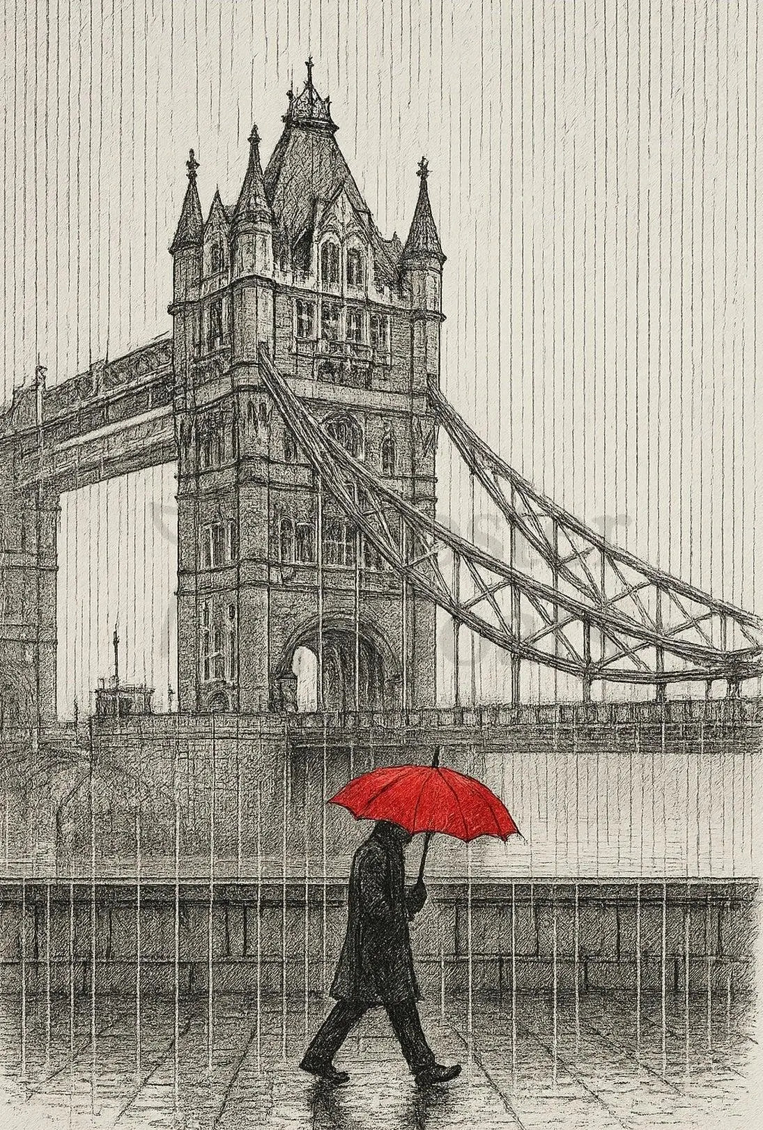 London's Tower Bridge Rainy Day Sketch: Travel Poster PosterGoat