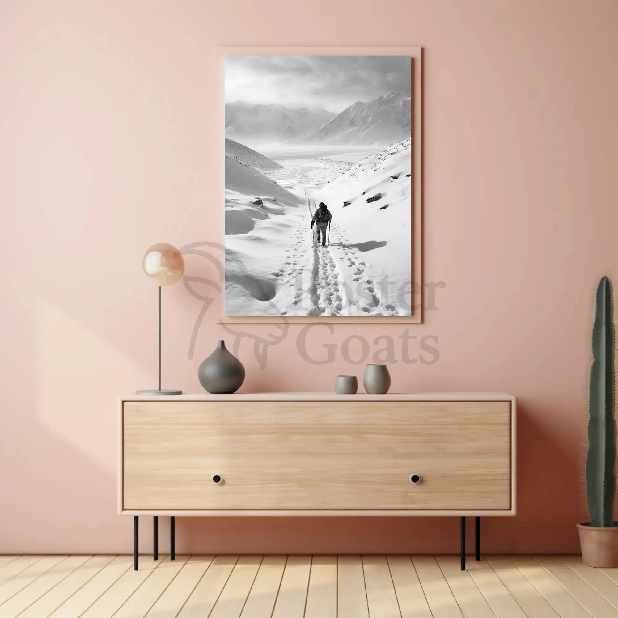 Lone Adventurer Amidst Snowy Peaks Travel Poster PosterGoat