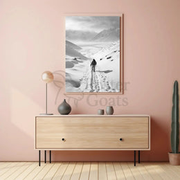 Lone Adventurer Amidst Snowy Peaks Travel Poster PosterGoat