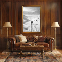 Lone Adventurer Amidst Snowy Peaks Travel Poster PosterGoat