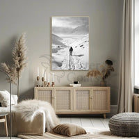 Lone Adventurer Amidst Snowy Peaks Travel Poster PosterGoat