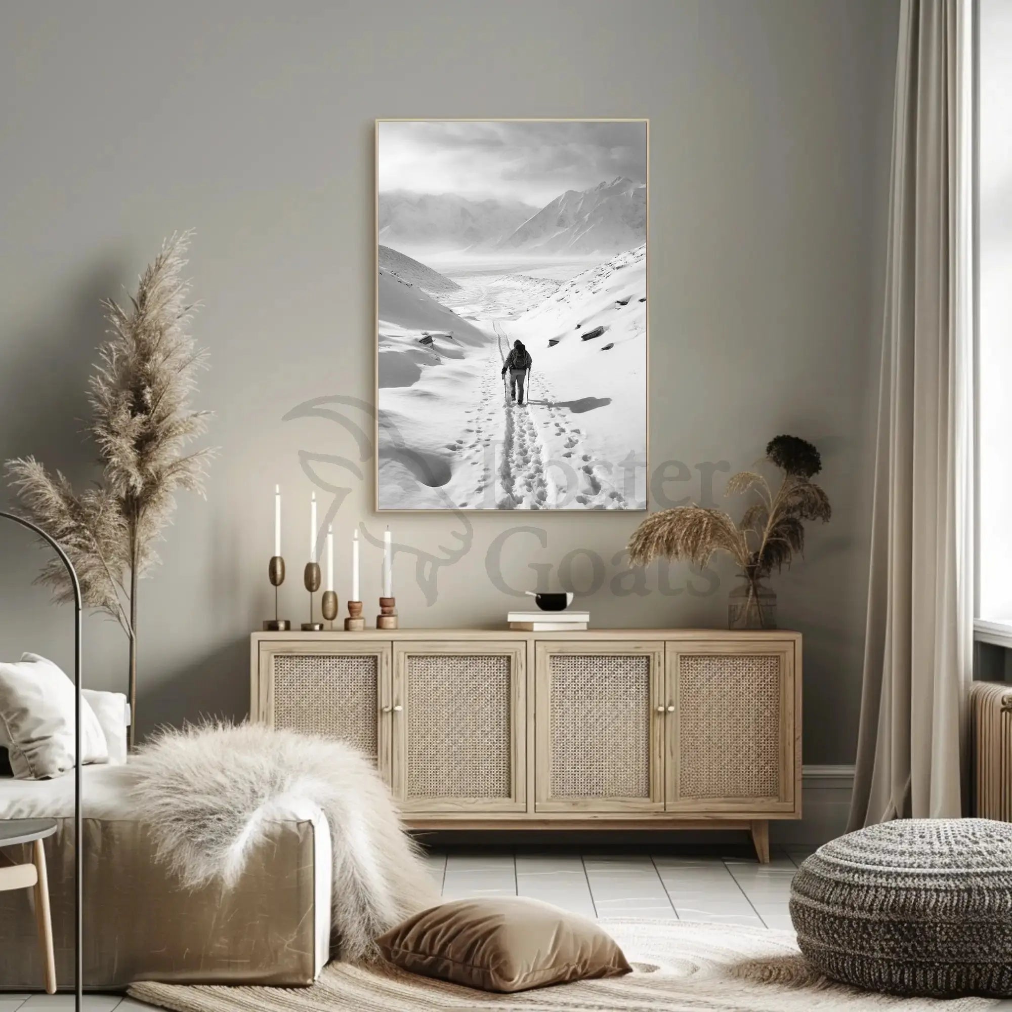 Lone Adventurer Amidst Snowy Peaks Travel Poster PosterGoat