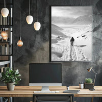 Lone Adventurer Amidst Snowy Peaks Travel Poster PosterGoat