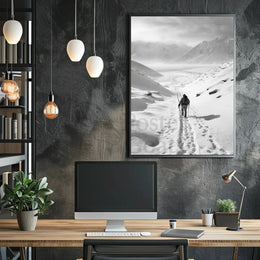 Lone Adventurer Amidst Snowy Peaks Travel Poster PosterGoat