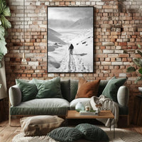 Lone Adventurer Amidst Snowy Peaks Travel Poster PosterGoat