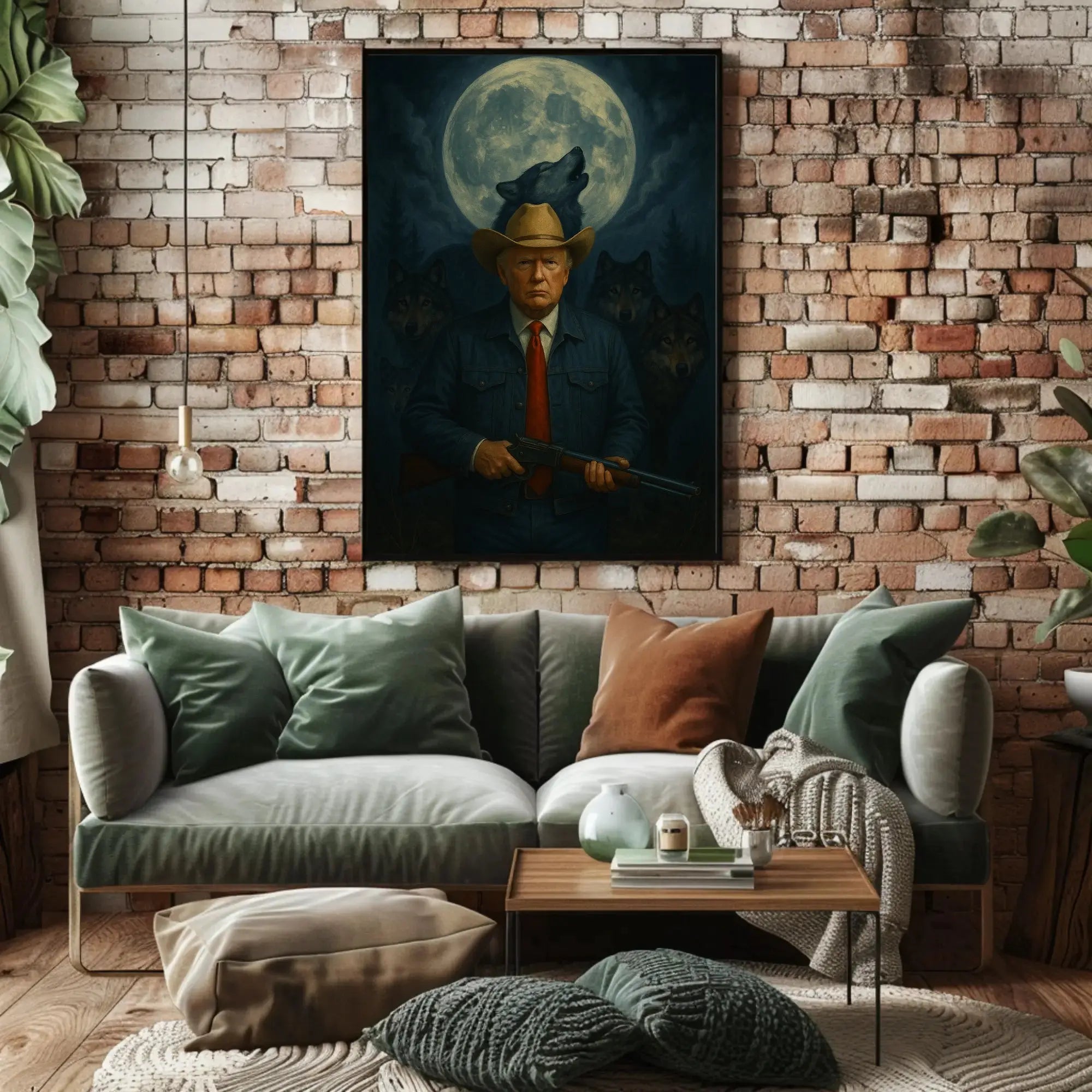 Lone Cowboy President Trump Under Moon Wilderness Artistic Poster PosterGoat
