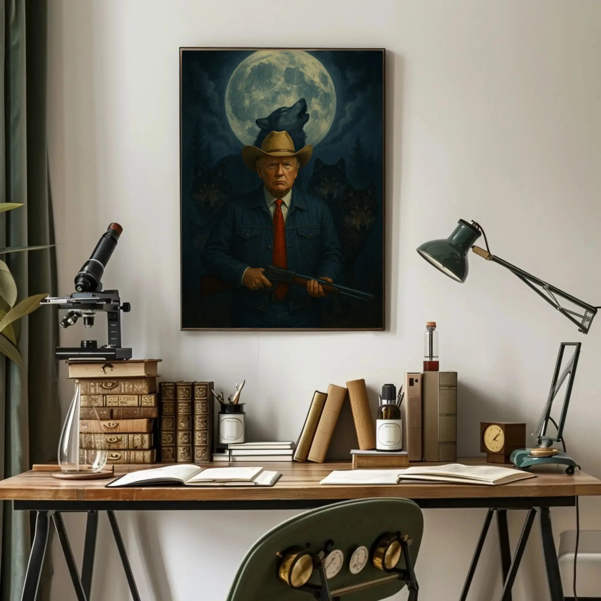Lone Cowboy President Trump Under Moon Wilderness Artistic Poster PosterGoat