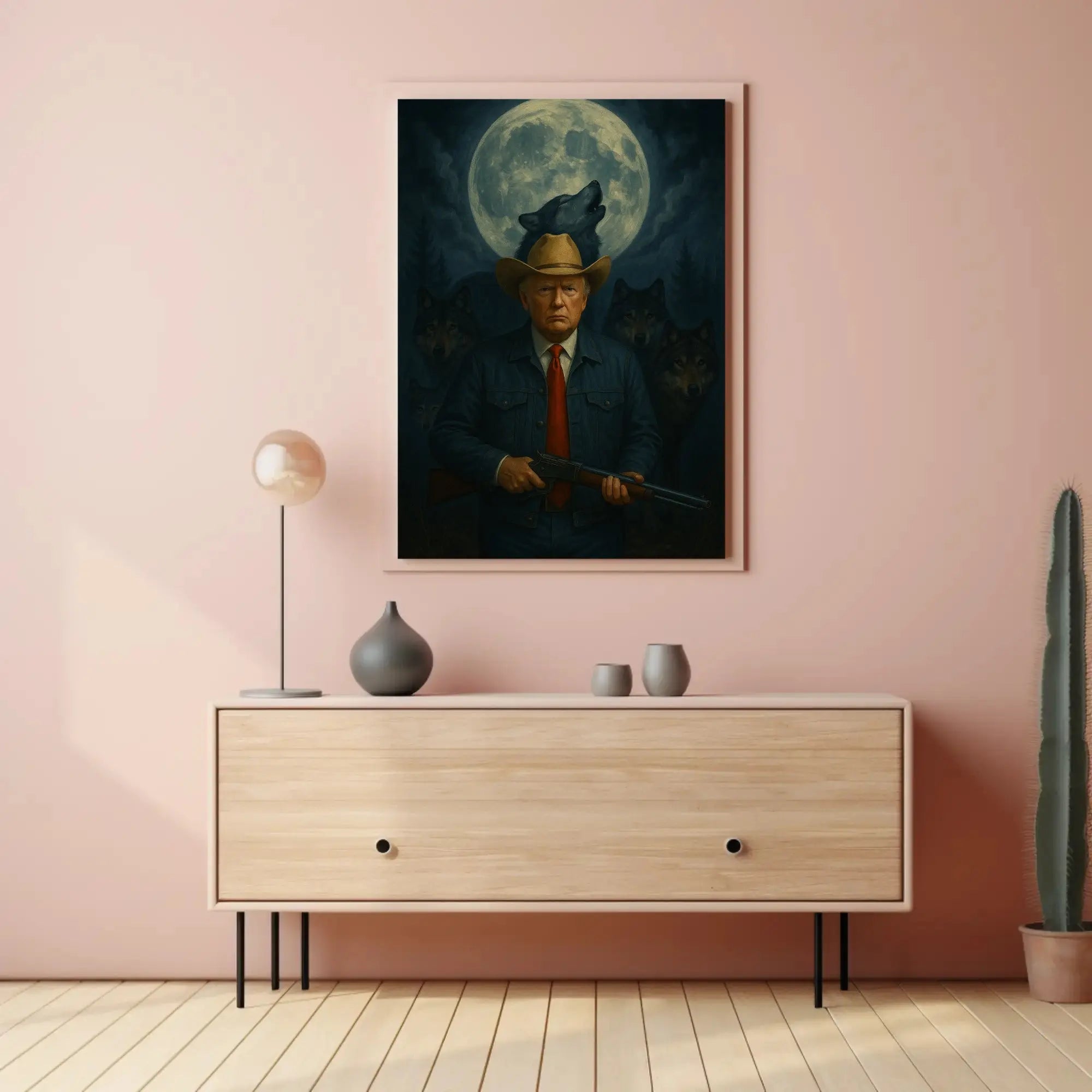 Lone Cowboy President Trump Under Moon Wilderness Artistic Poster PosterGoat