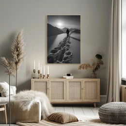 Lone Hiker in Snowy Mountains Travel Poster PosterGoat