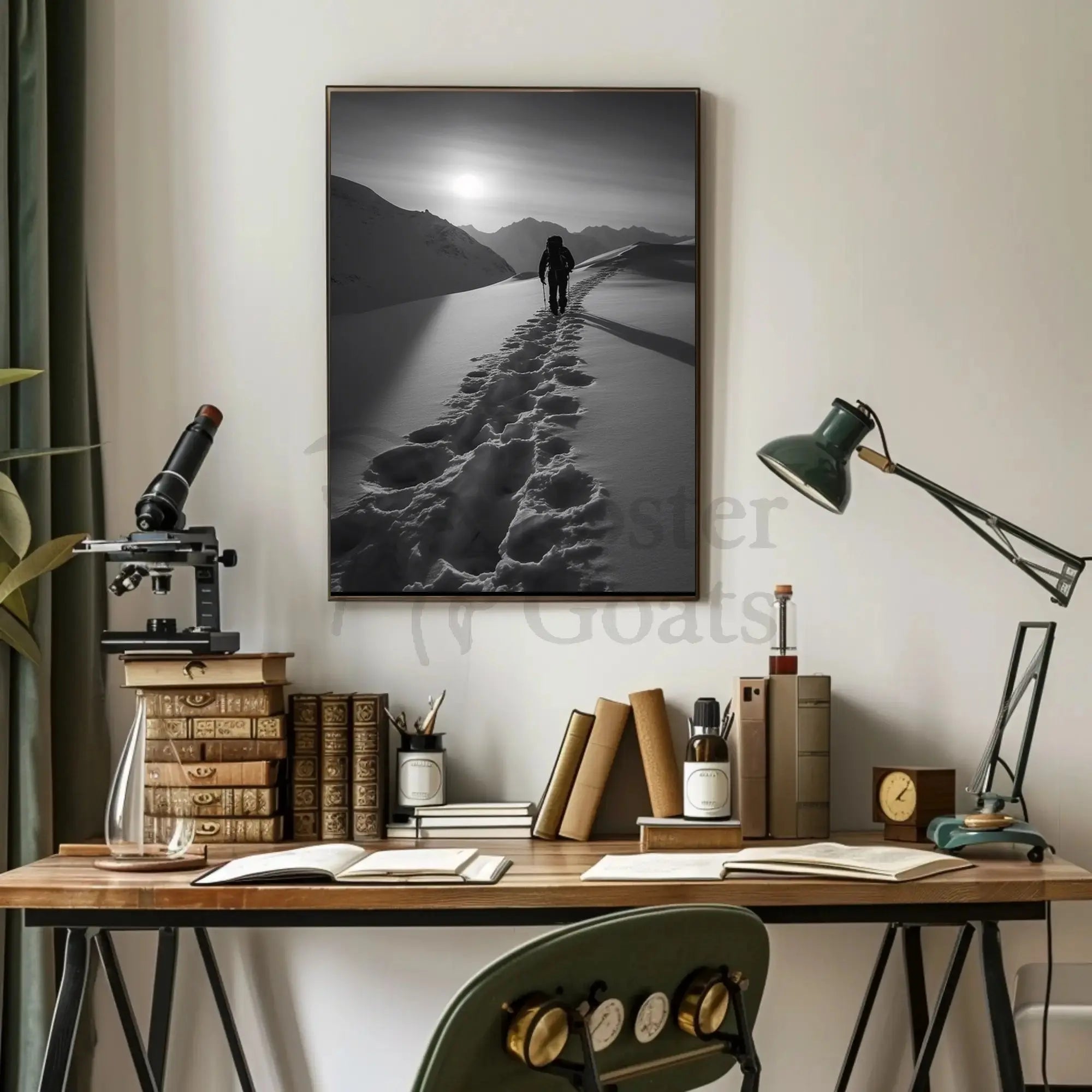 Lone Hiker in Snowy Mountains Travel Poster PosterGoat