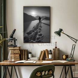 Lone Hiker in Snowy Mountains Travel Poster PosterGoat